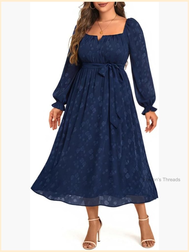 Plus Size Fall Dress Long Sleeve Midi Semi Formal Square Neck Flowy Dresses